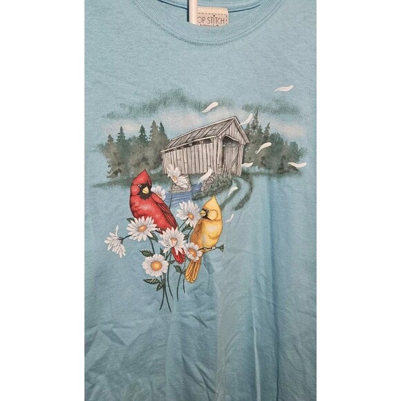 Top Stitch by Morning Sun Women's Tee Shirt Sz XL Cardinal Egg Shell Blue NWT - Picture 3 of 6